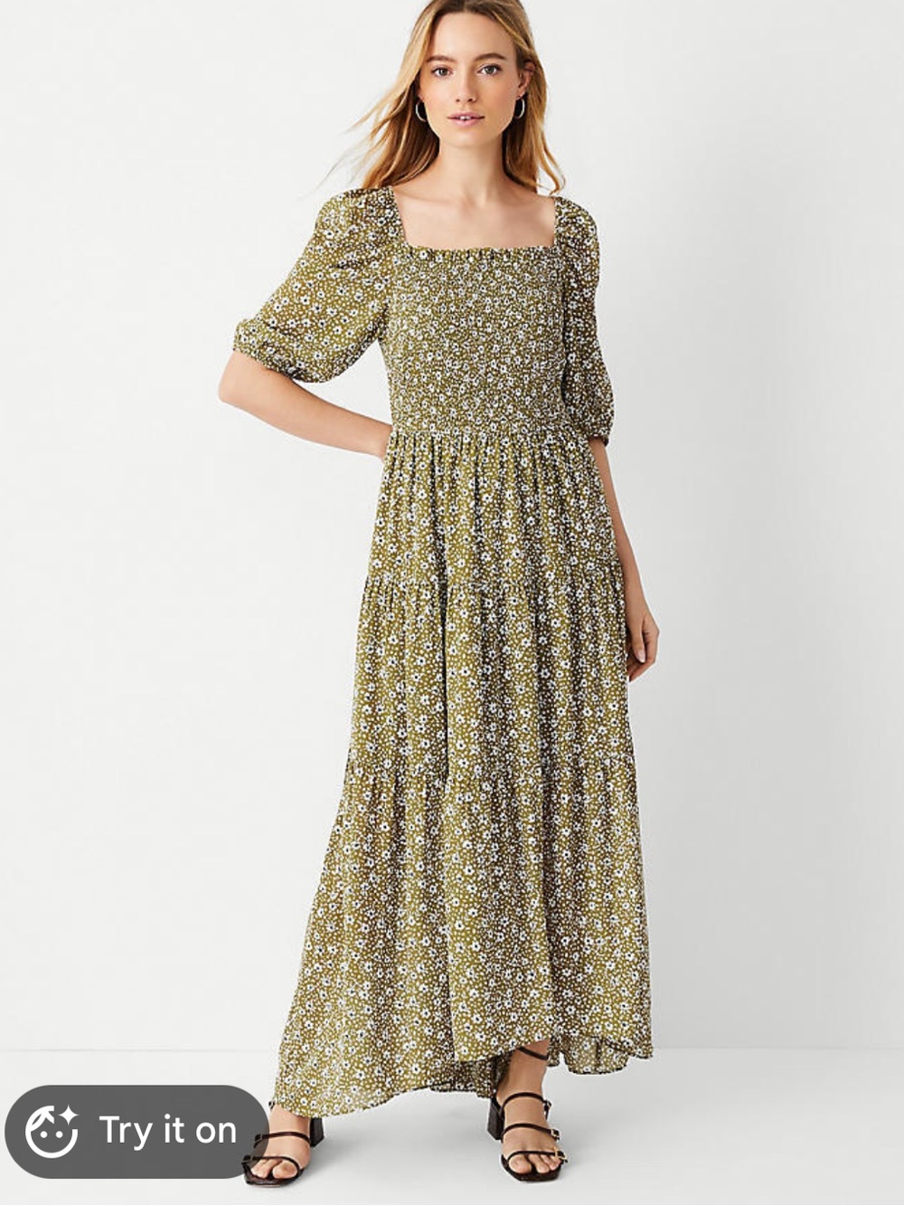 Ann Taylor Olive Floral Smocked Maxi Dress